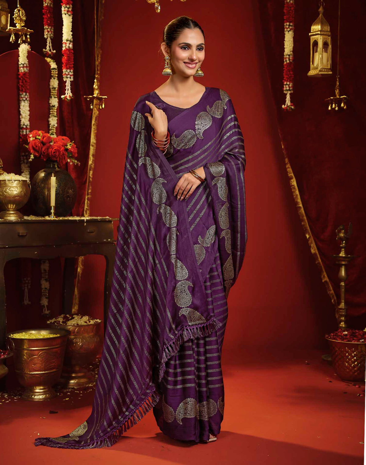 Wine Georgette Foil Printed Saree