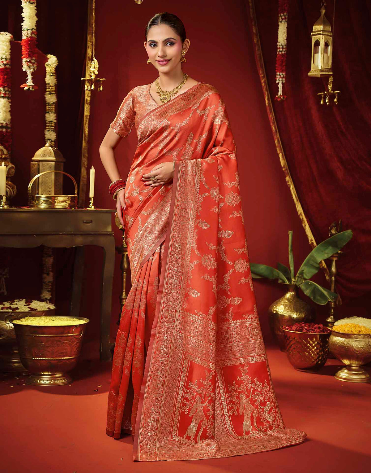 Bright Red Silk Woven Banarasi Saree