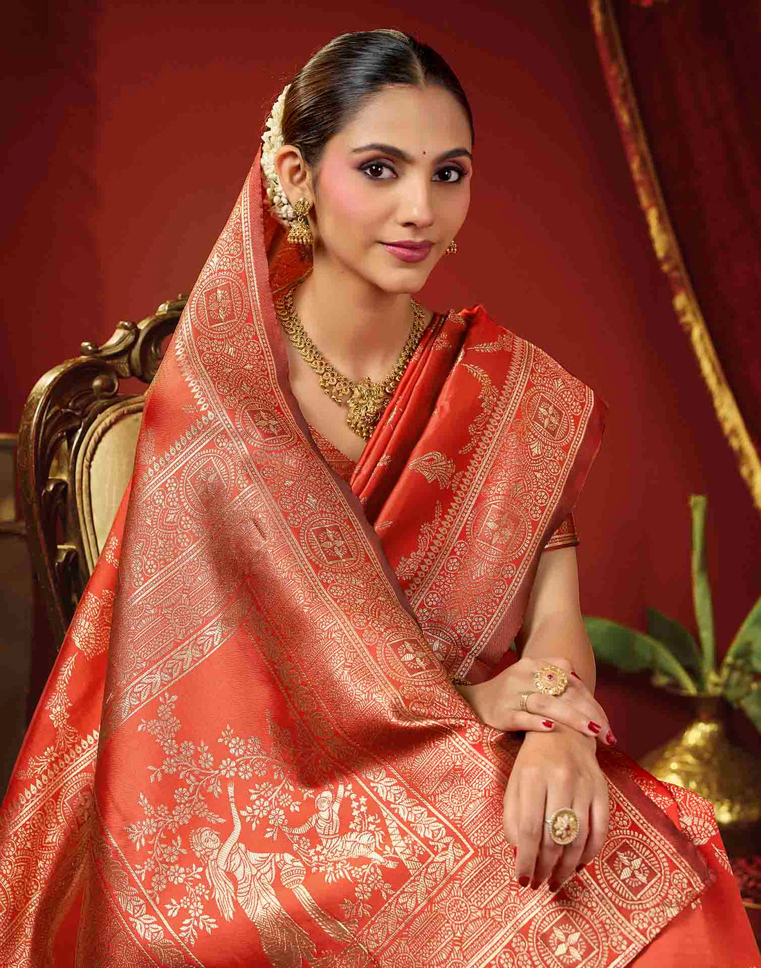Bright Red Silk Woven Banarasi Saree
