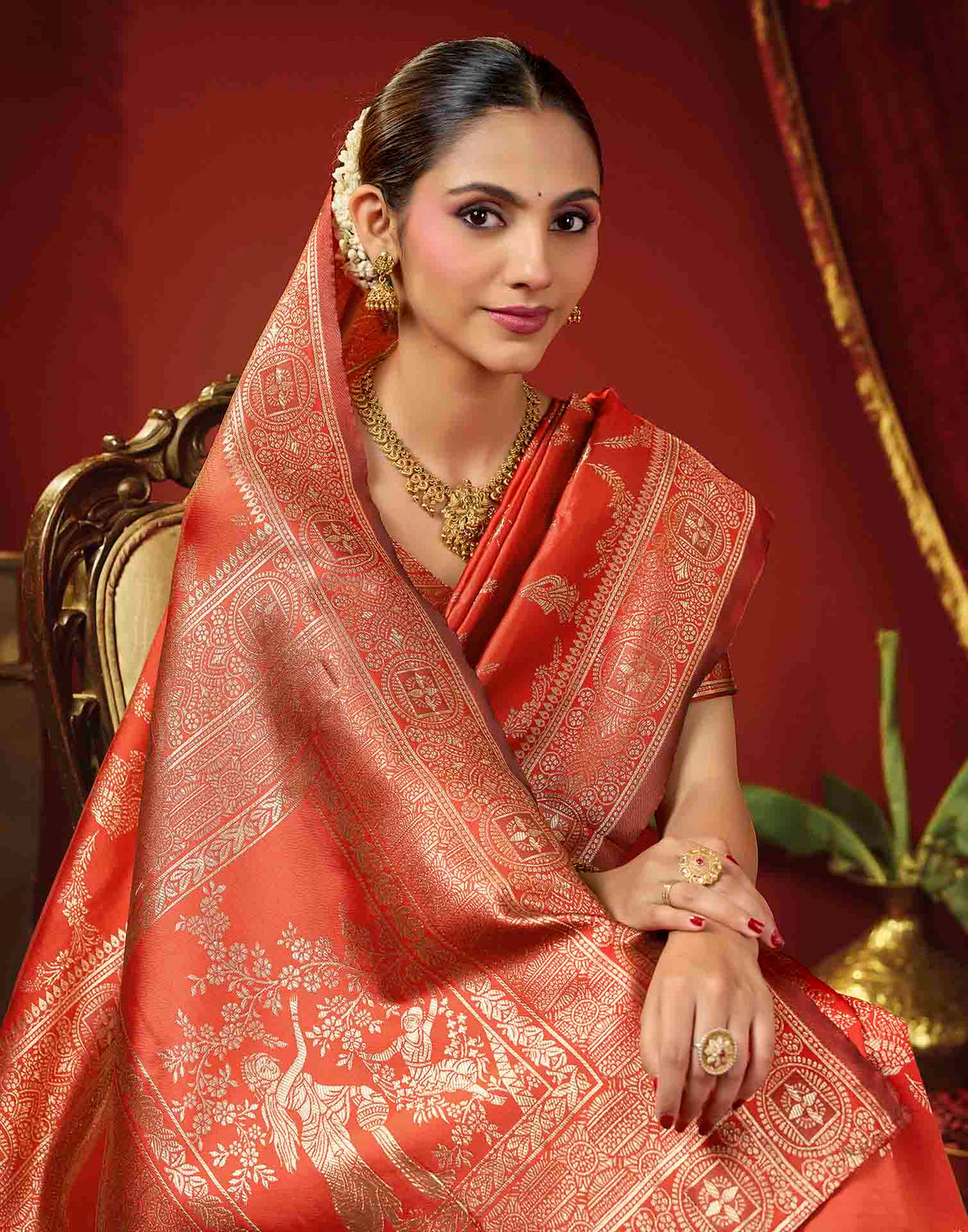Bright Red Silk Woven Banarasi Saree