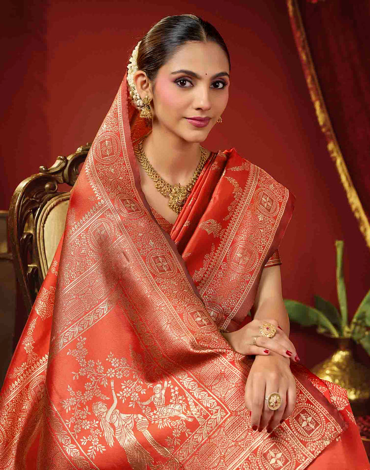 Bright Red Silk Woven Banarasi Saree