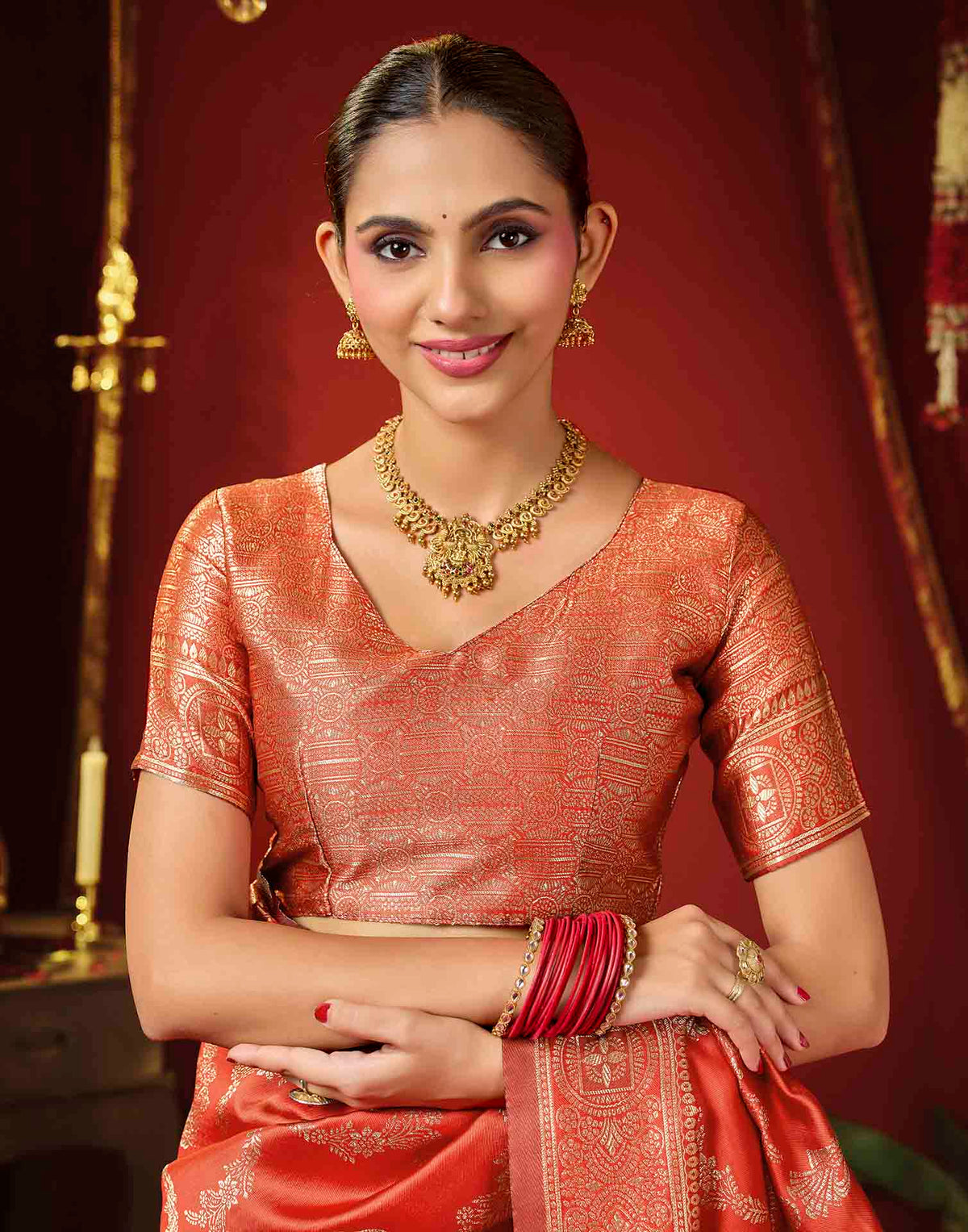Bright Red Silk Woven Banarasi Saree