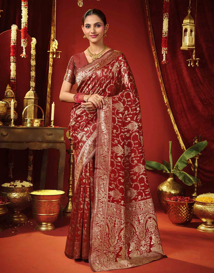Maroon Silk Woven Banarasi Saree