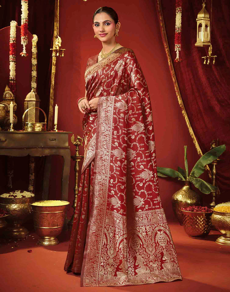 Maroon Silk Woven Banarasi Saree