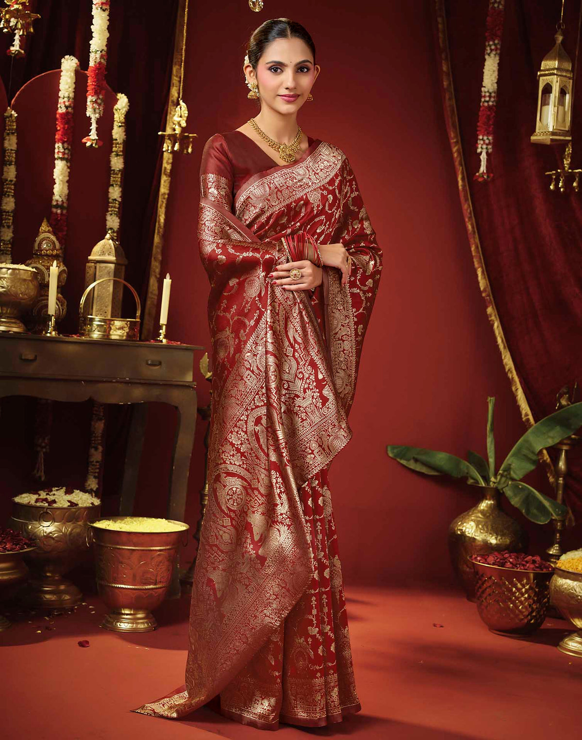 Maroon Silk Woven Banarasi Saree