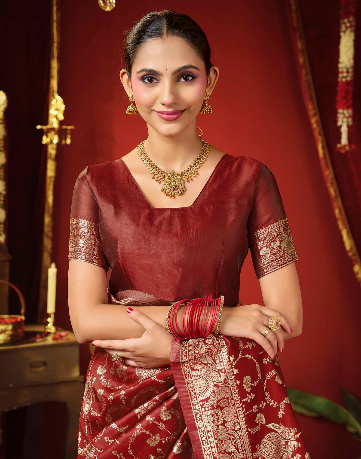 Maroon Silk Woven Banarasi Saree
