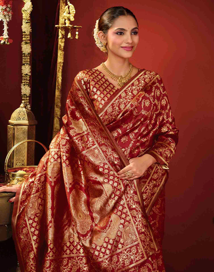 Maroon Silk Woven Banarasi Saree