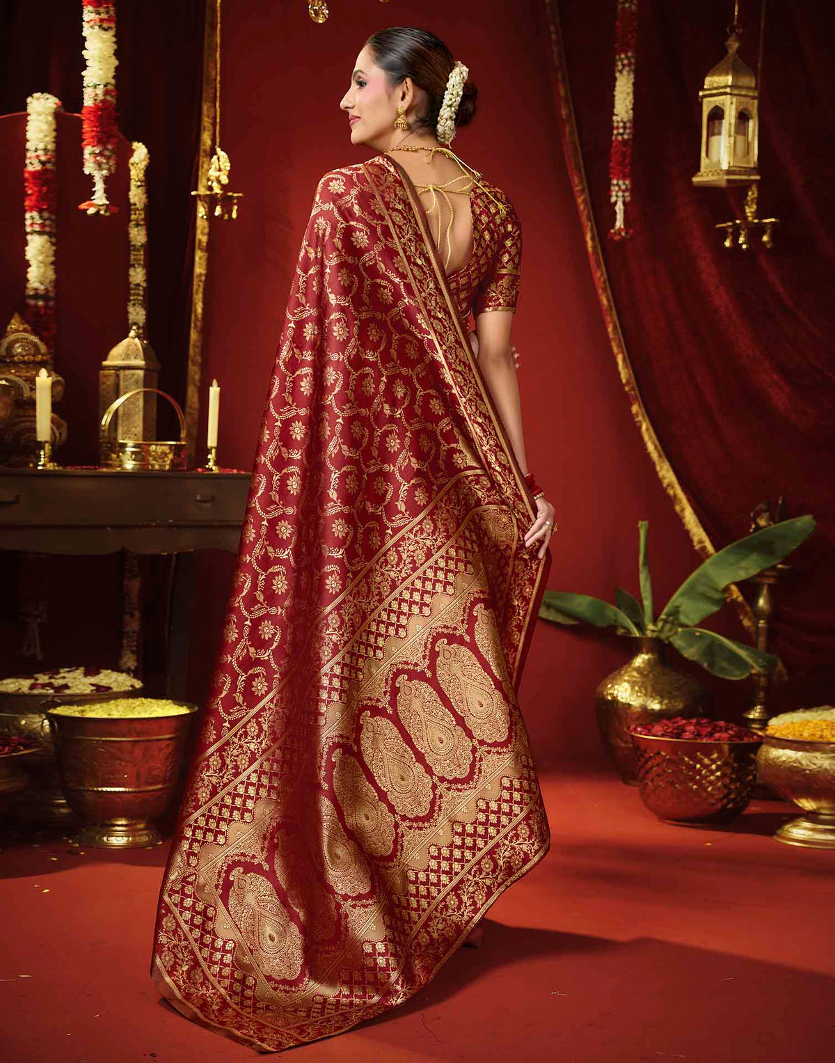 Maroon Silk Woven Banarasi Saree