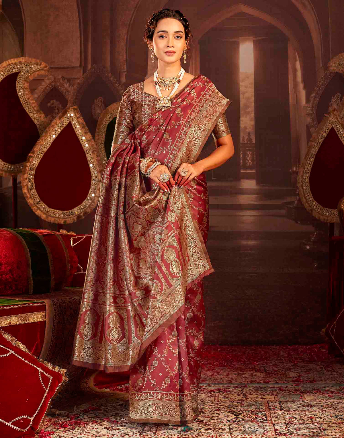 Maroon Silk Woven Banarasi Saree