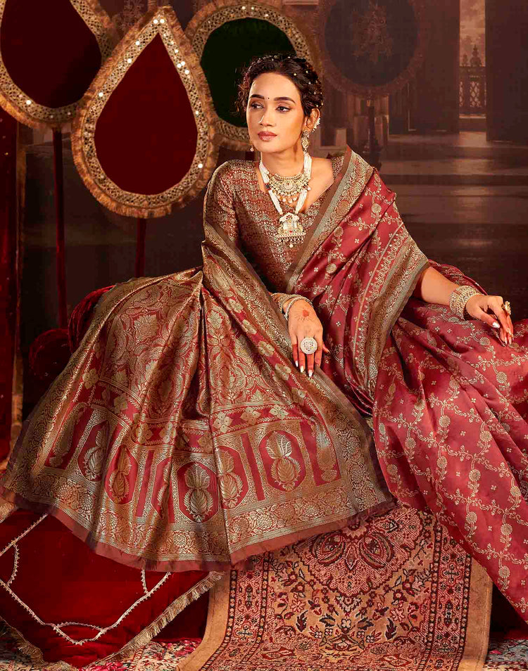 Maroon Silk Woven Banarasi Saree