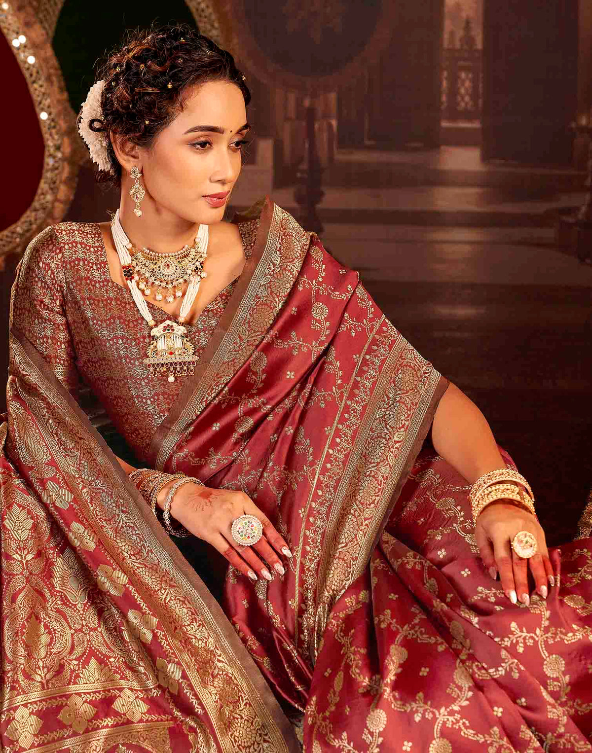 Maroon Silk Woven Banarasi Saree