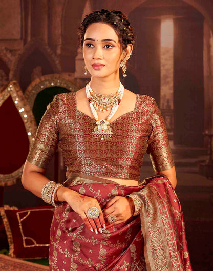 Maroon Silk Woven Banarasi Saree