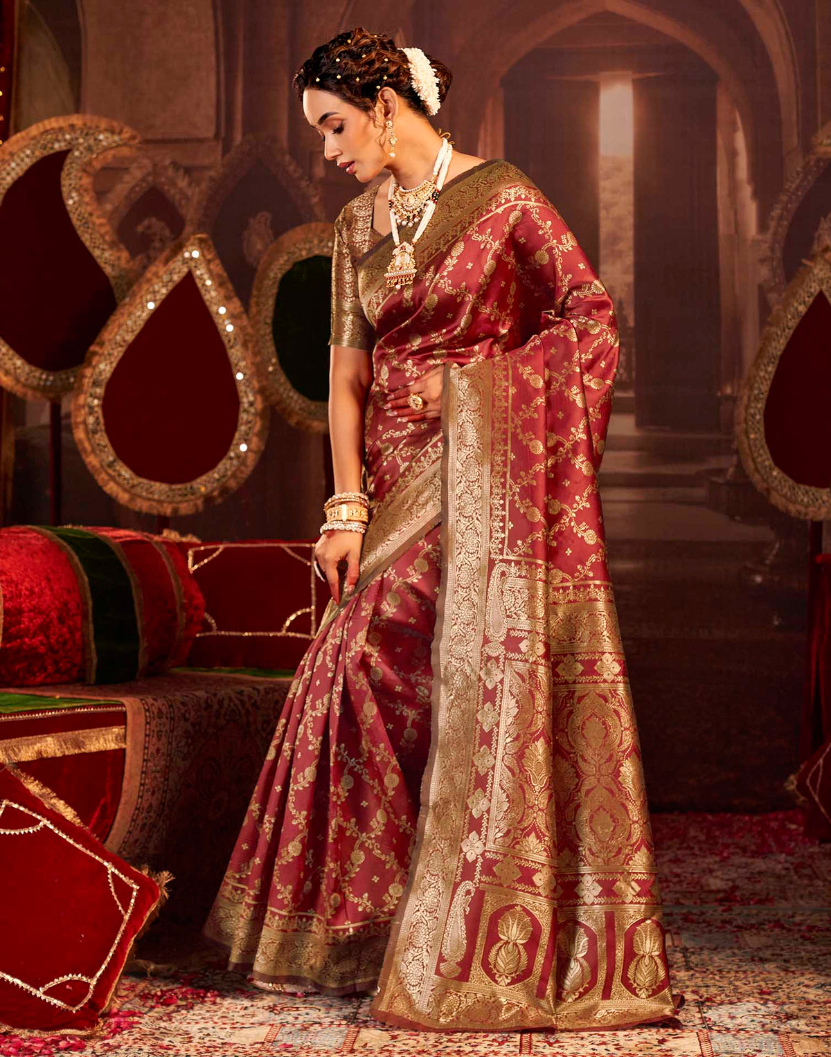Maroon Silk Woven Banarasi Saree