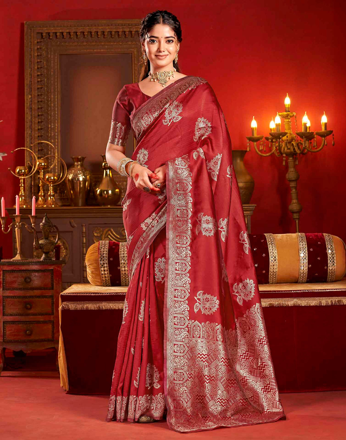 Deep Red Silk Woven Banarasi Saree