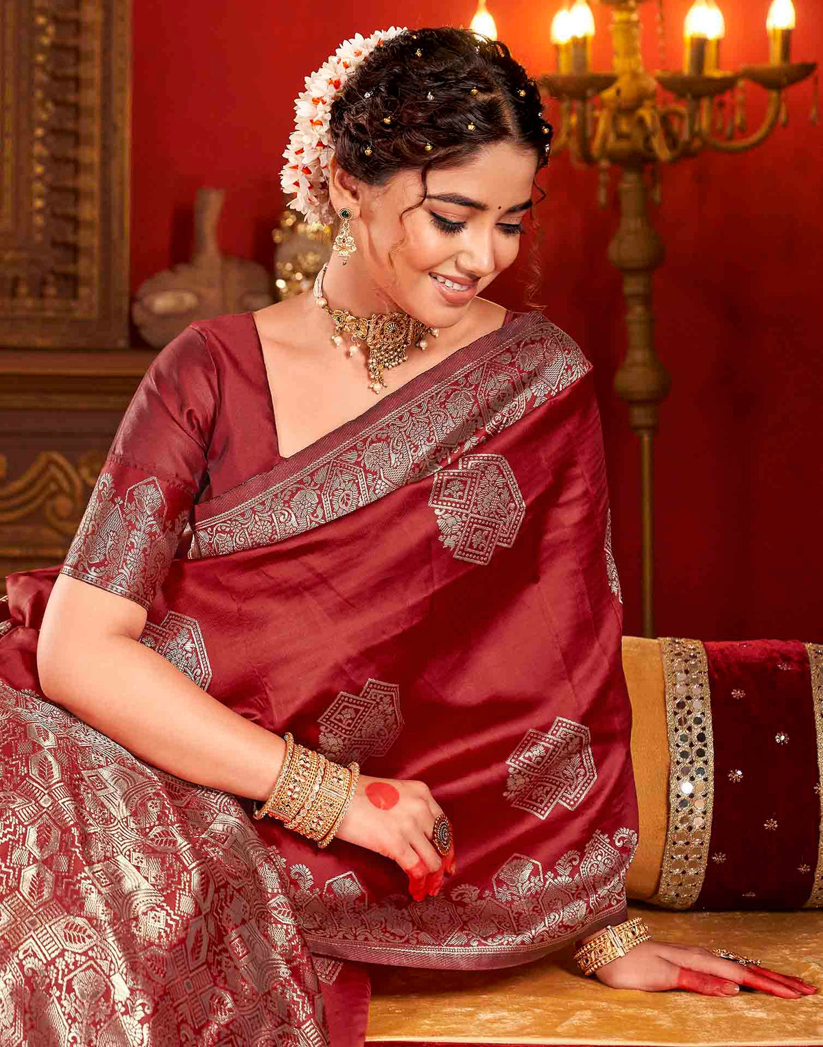 Deep Red Silk Woven Banarasi Saree