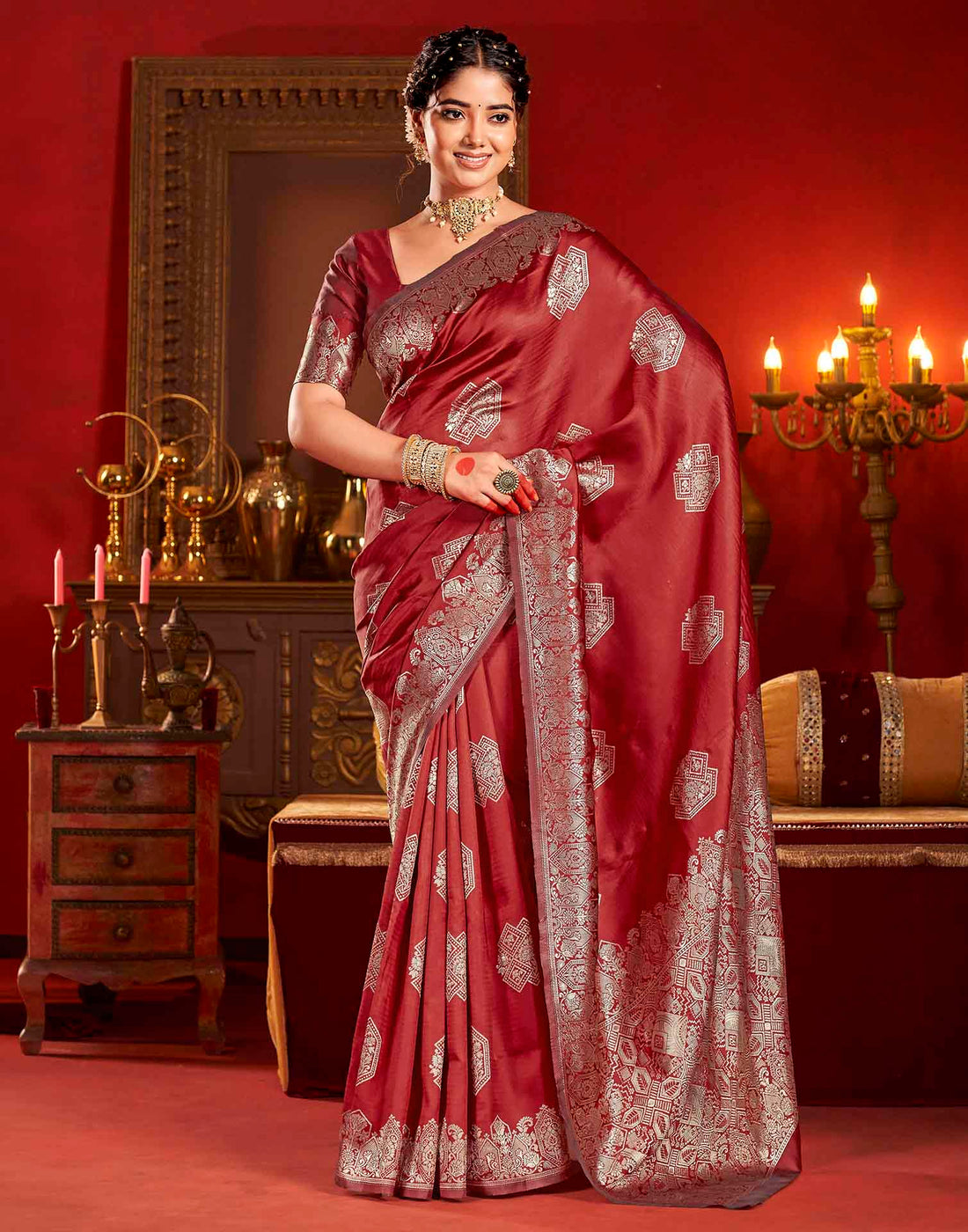 Deep Red Silk Woven Banarasi Saree