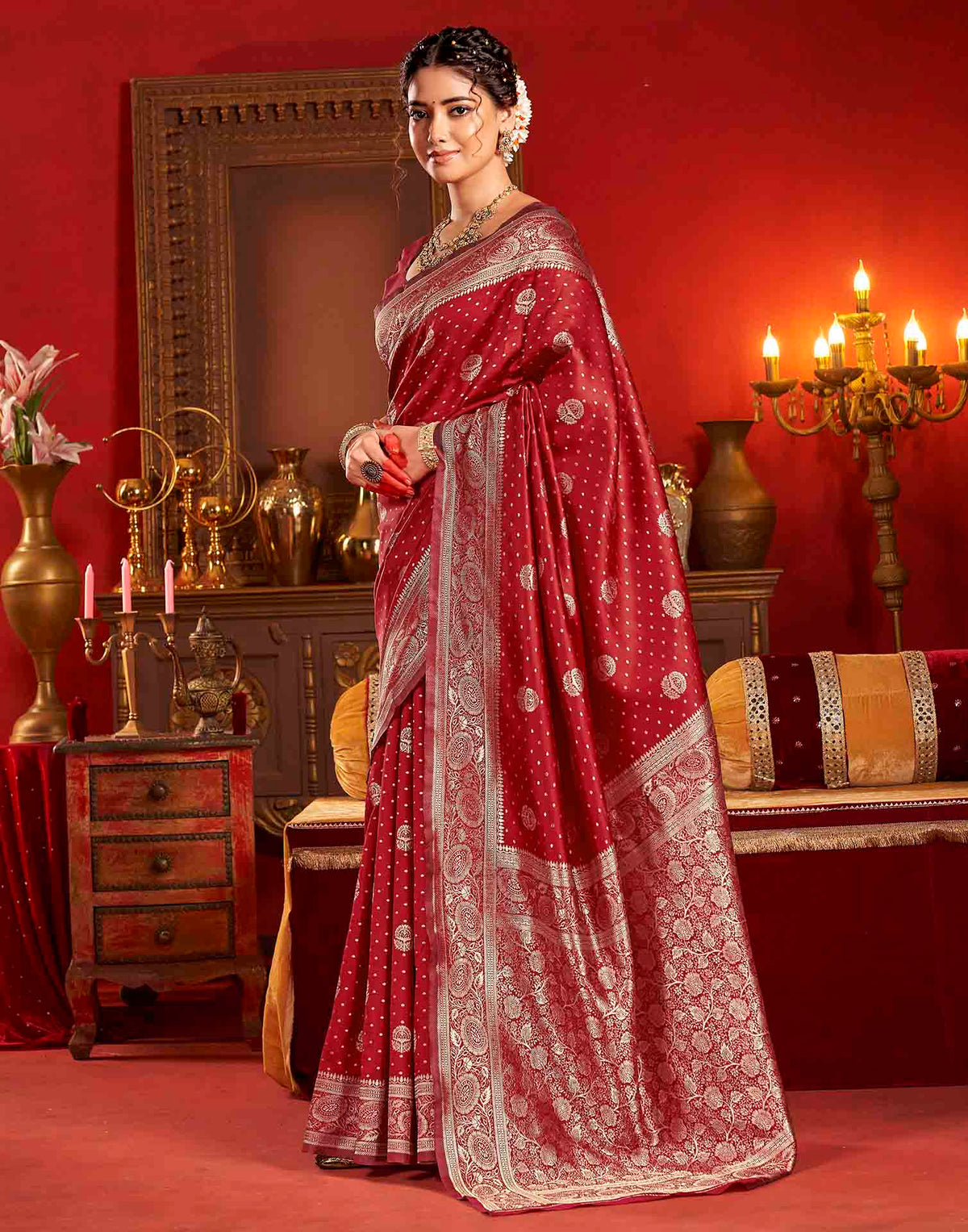 Deep Red Silk Woven Banarasi Saree