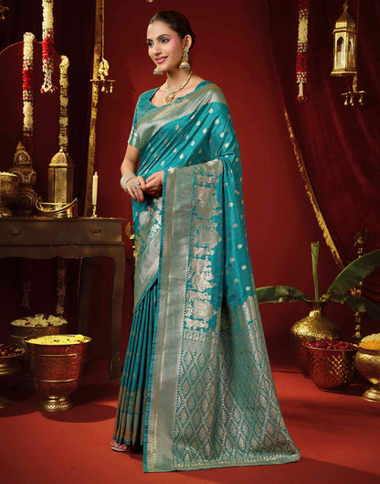 Teal Blue Silk Woven Banarasi Saree