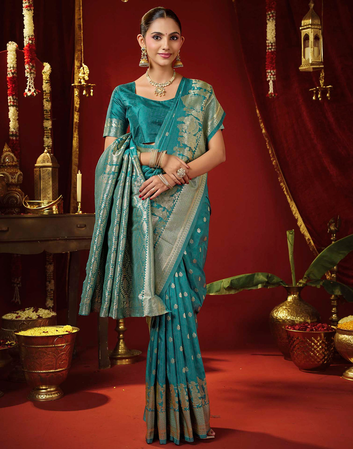 Teal Blue Silk Woven Banarasi Saree
