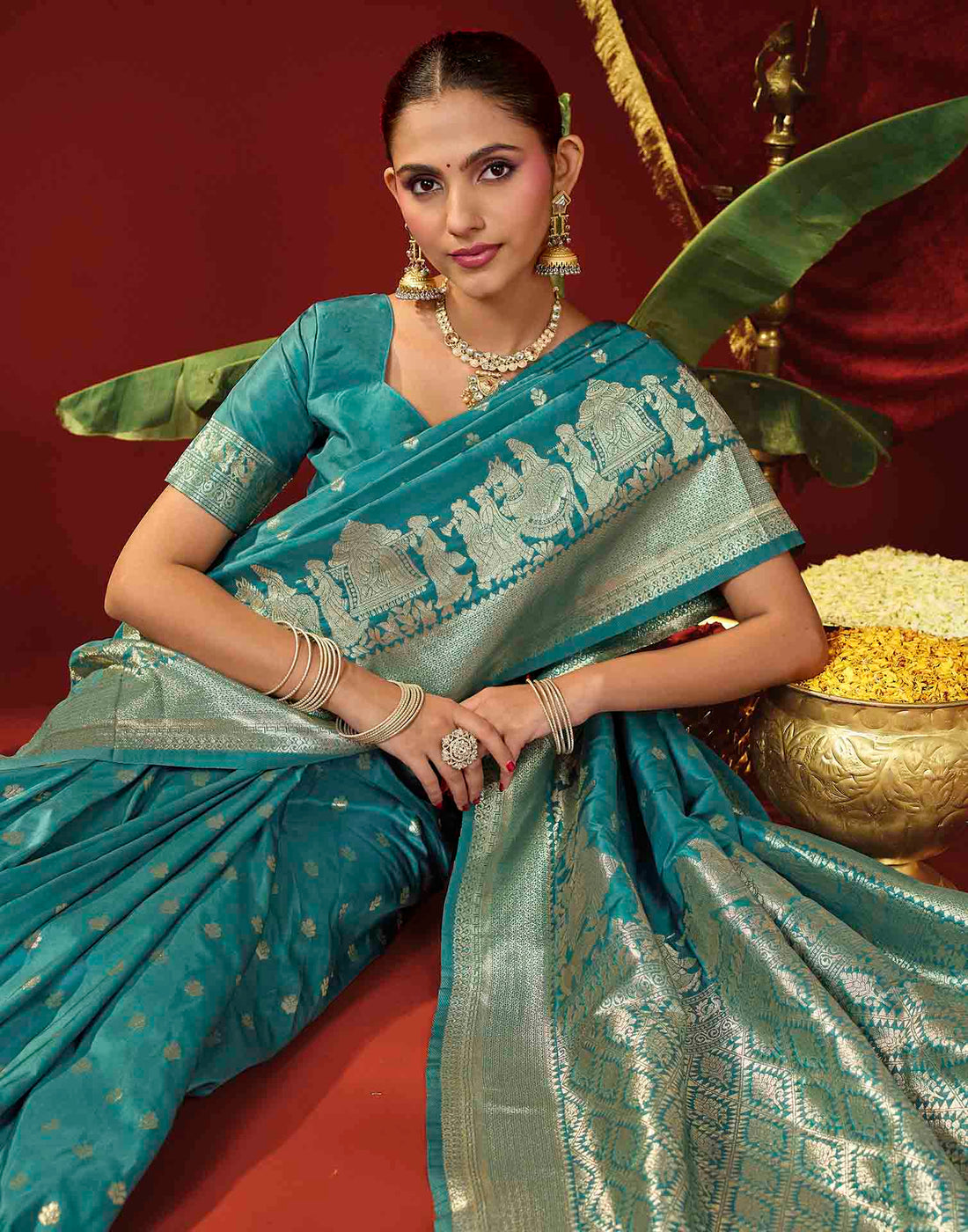 Teal Blue Silk Woven Banarasi Saree