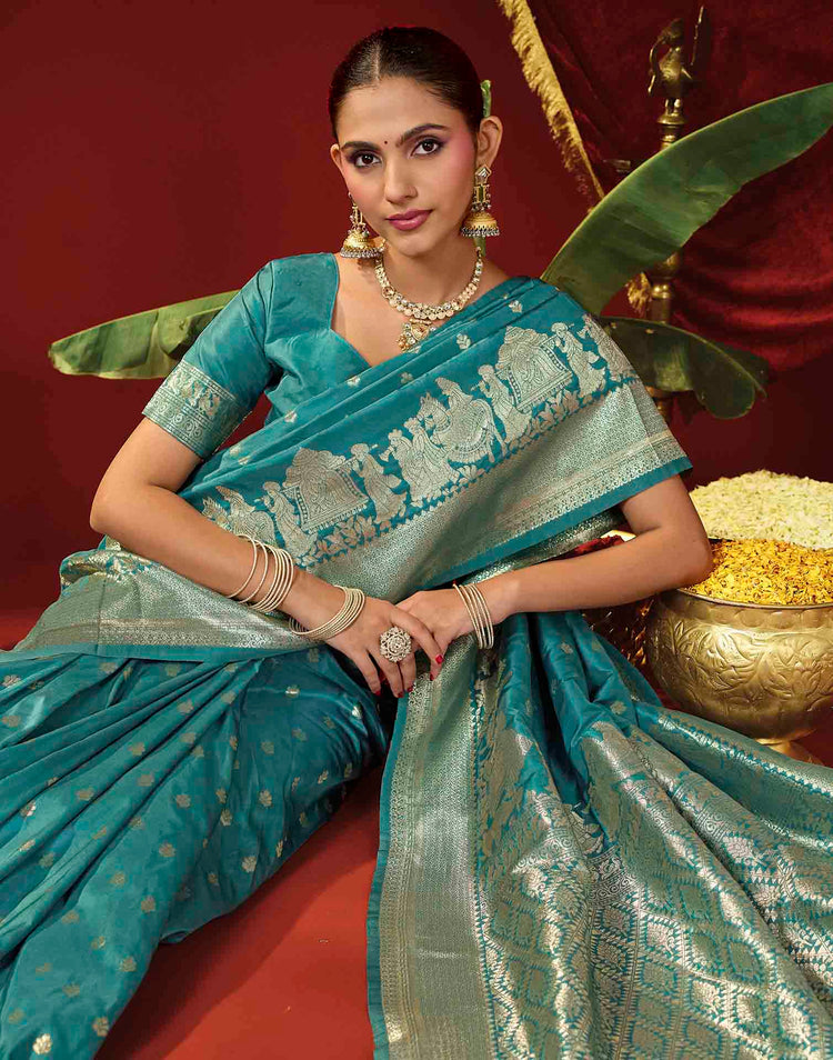 Teal Blue Silk Woven Banarasi Saree