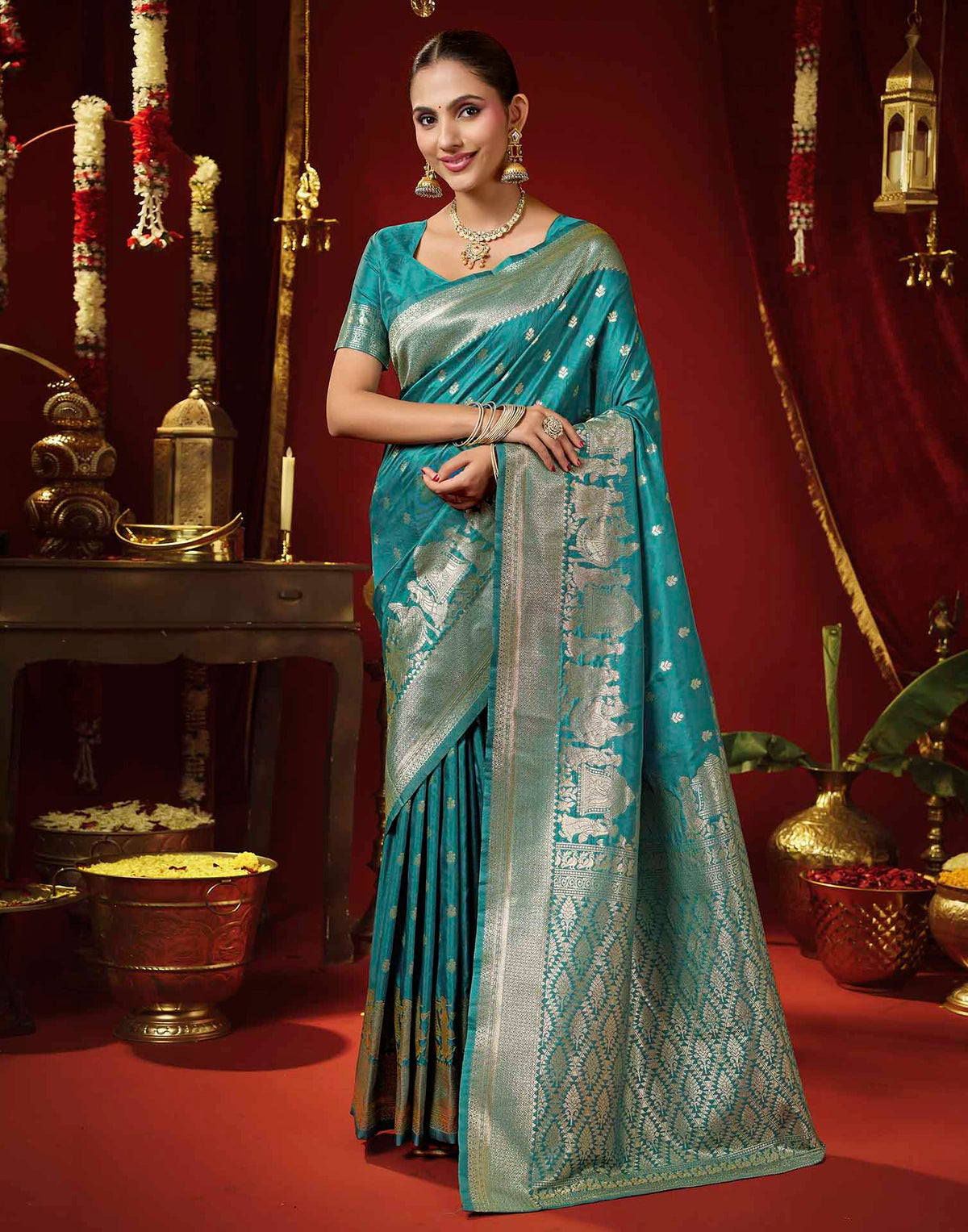 Teal Blue Silk Woven Banarasi Saree
