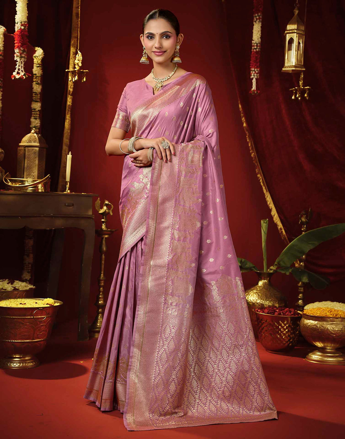 Baby Pink Silk Woven Banarasi Saree
