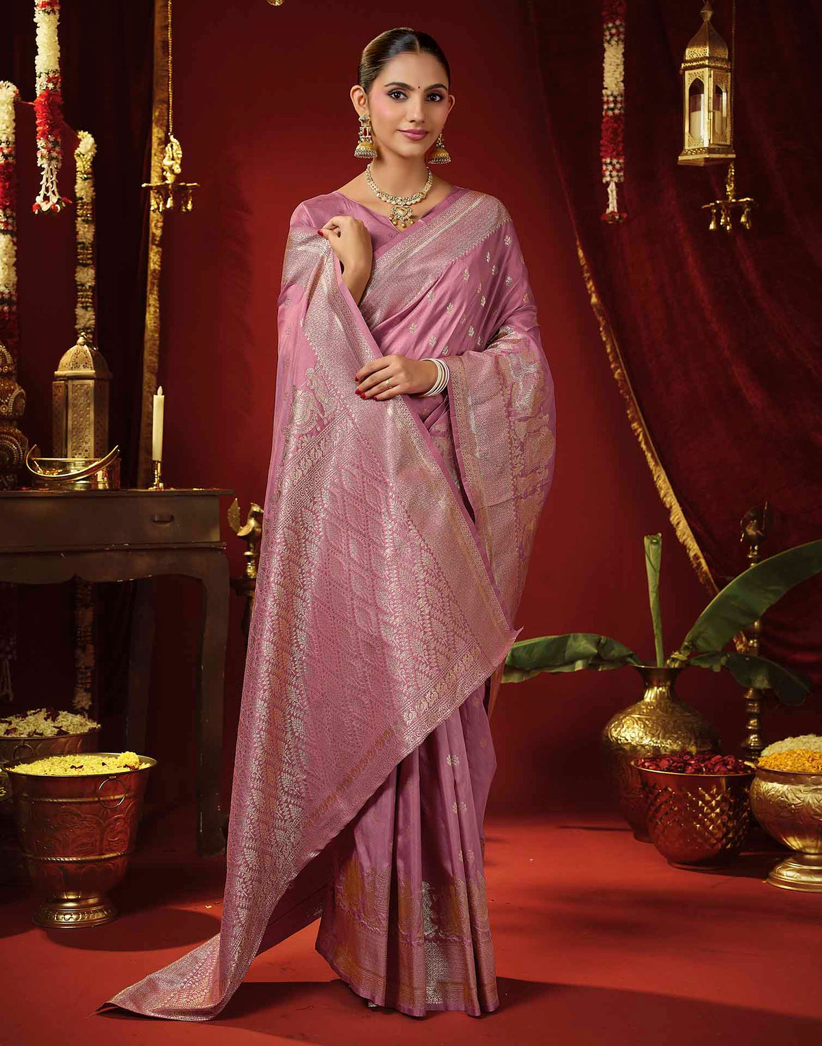 Baby Pink Silk Woven Banarasi Saree