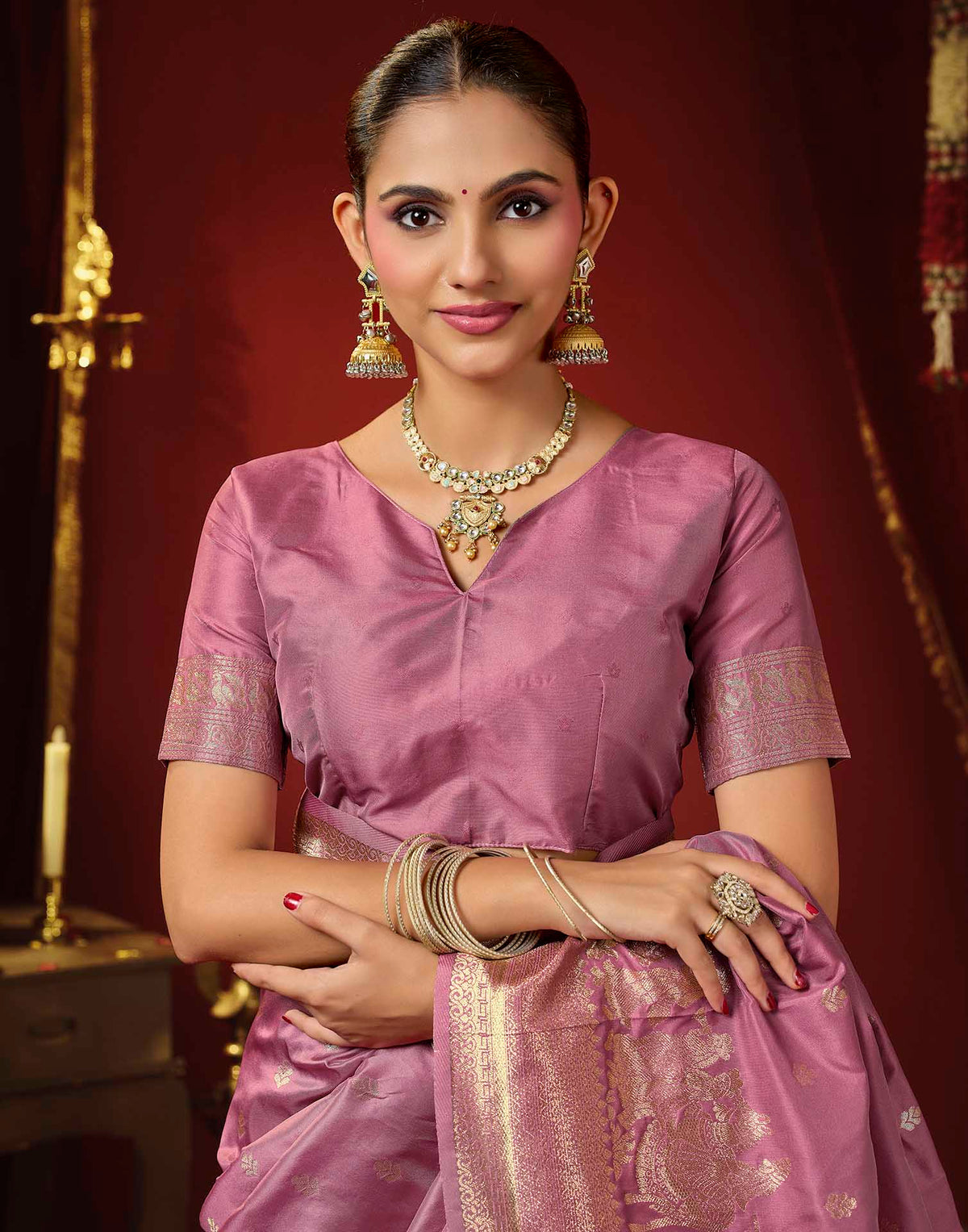 Baby Pink Silk Woven Banarasi Saree