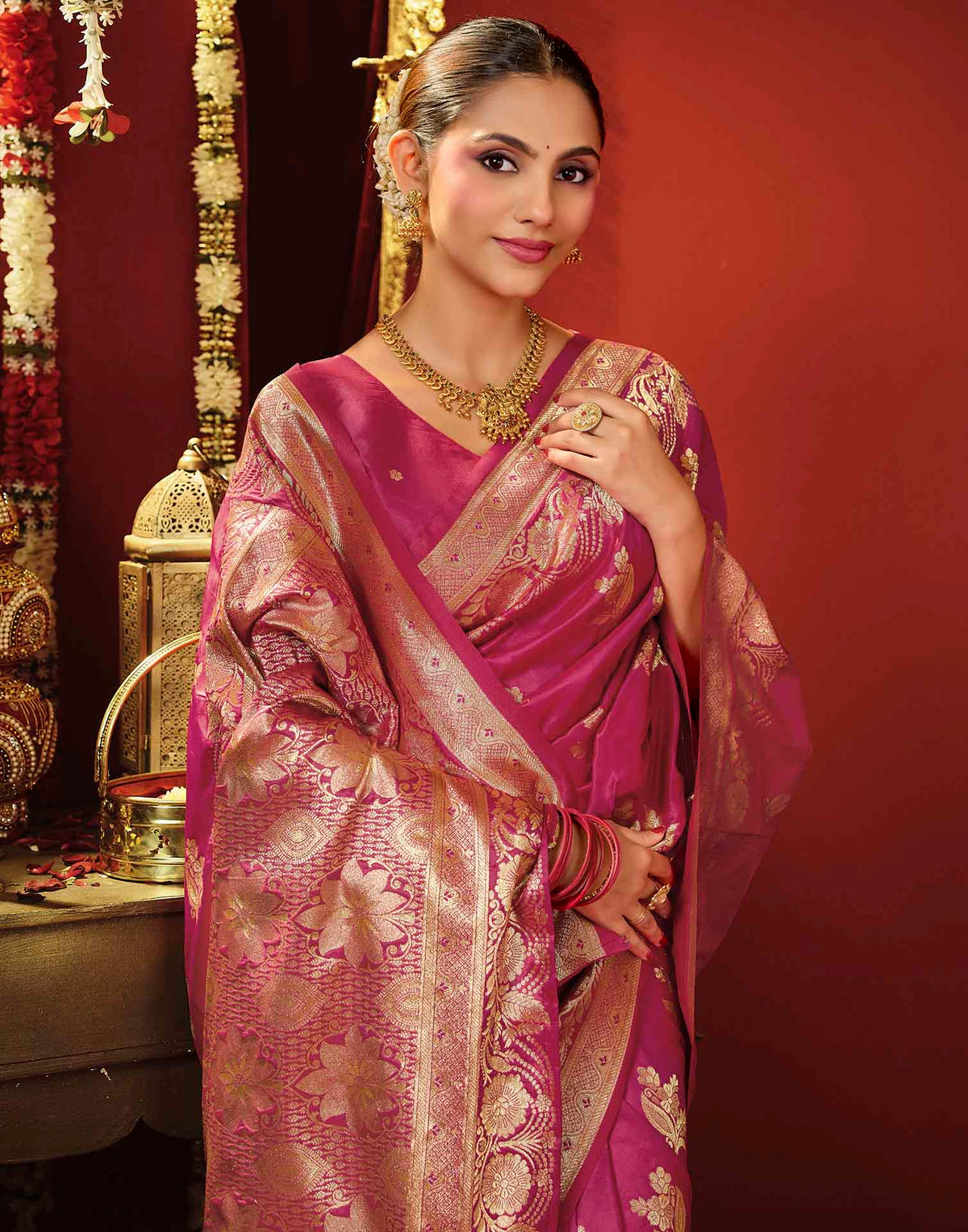 Rani Pink Silk Woven Banarasi Saree