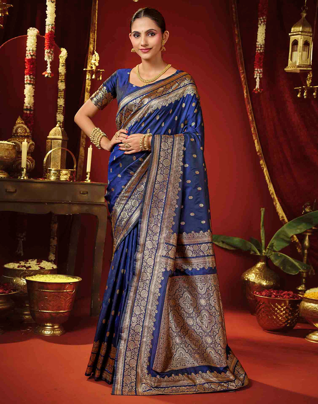 Navy Blue Silk Woven Banarasi Saree