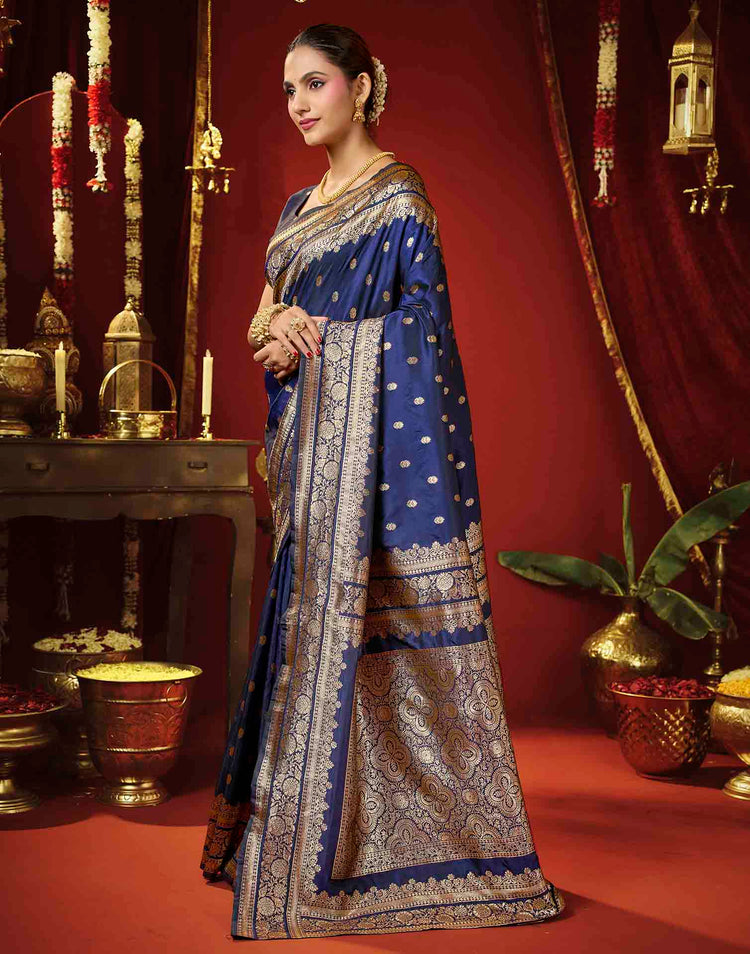 Navy Blue Silk Woven Banarasi Saree