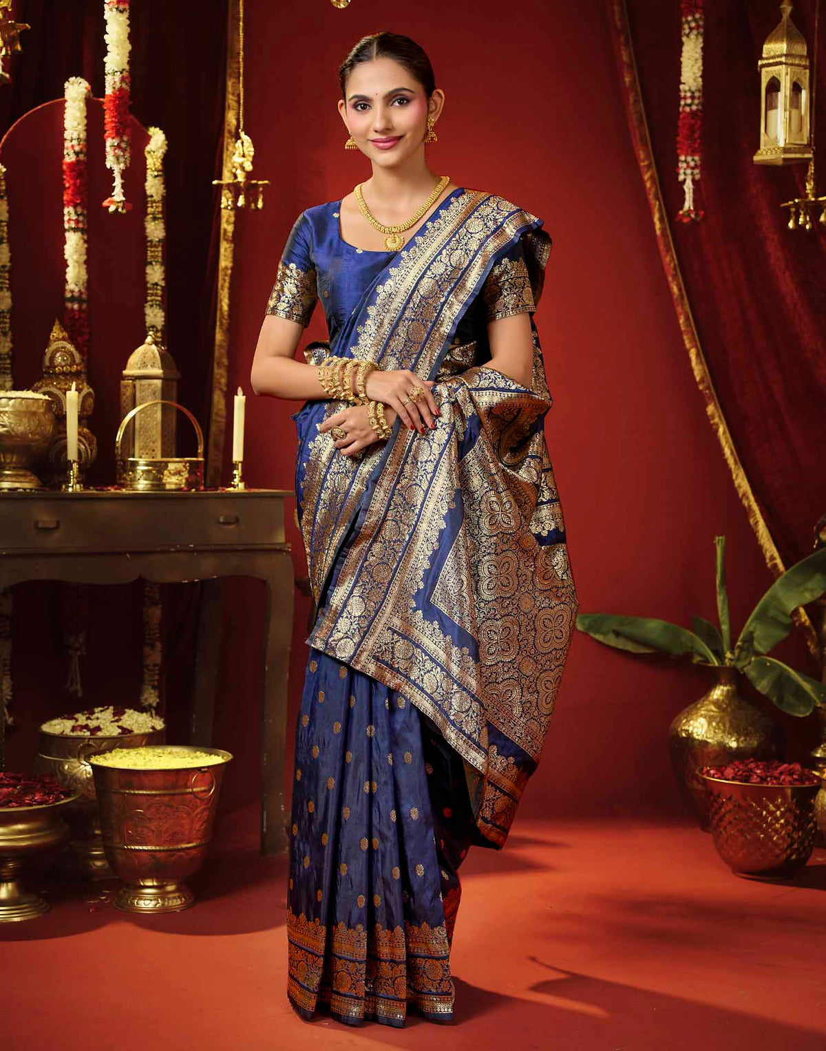 Navy Blue Silk Woven Banarasi Saree