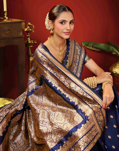 Navy Blue Silk Woven Banarasi Saree