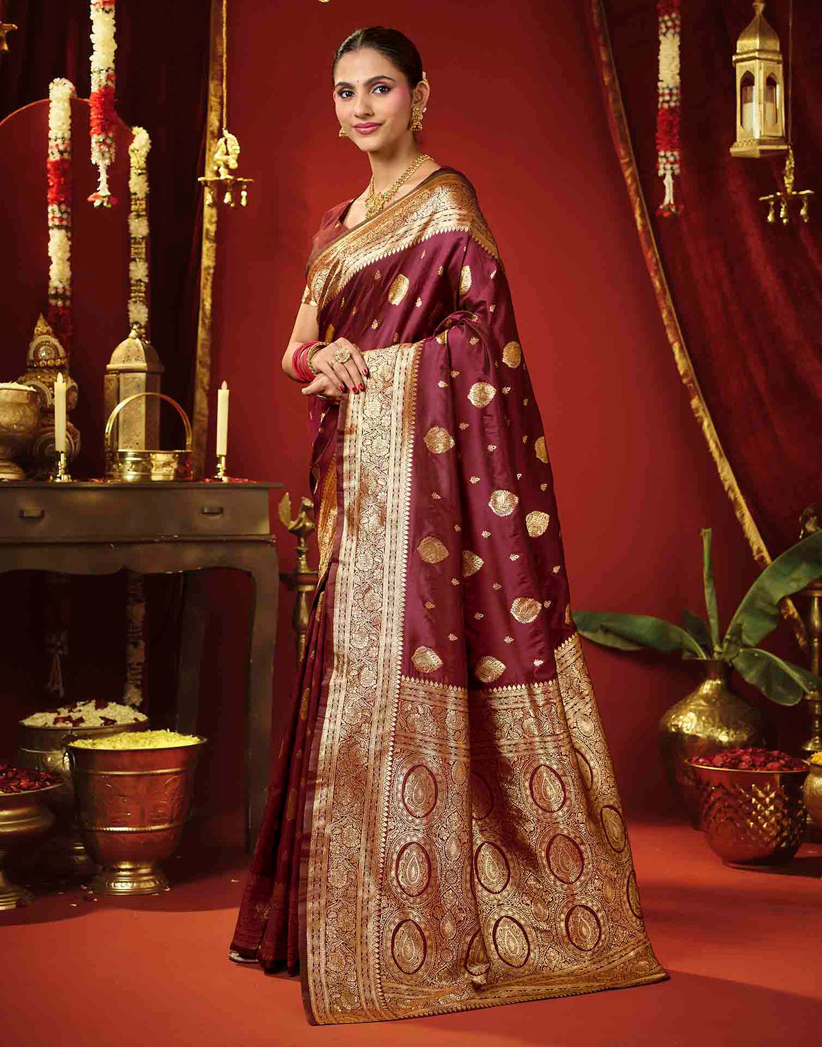 Dark Maroon Silk Woven Banarasi Saree