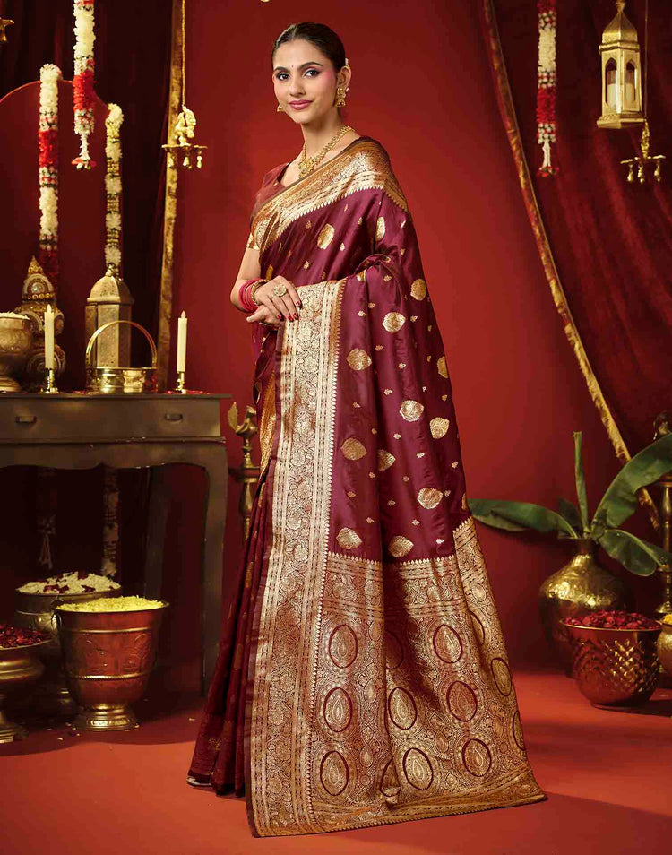 Dark Maroon Silk Woven Banarasi Saree