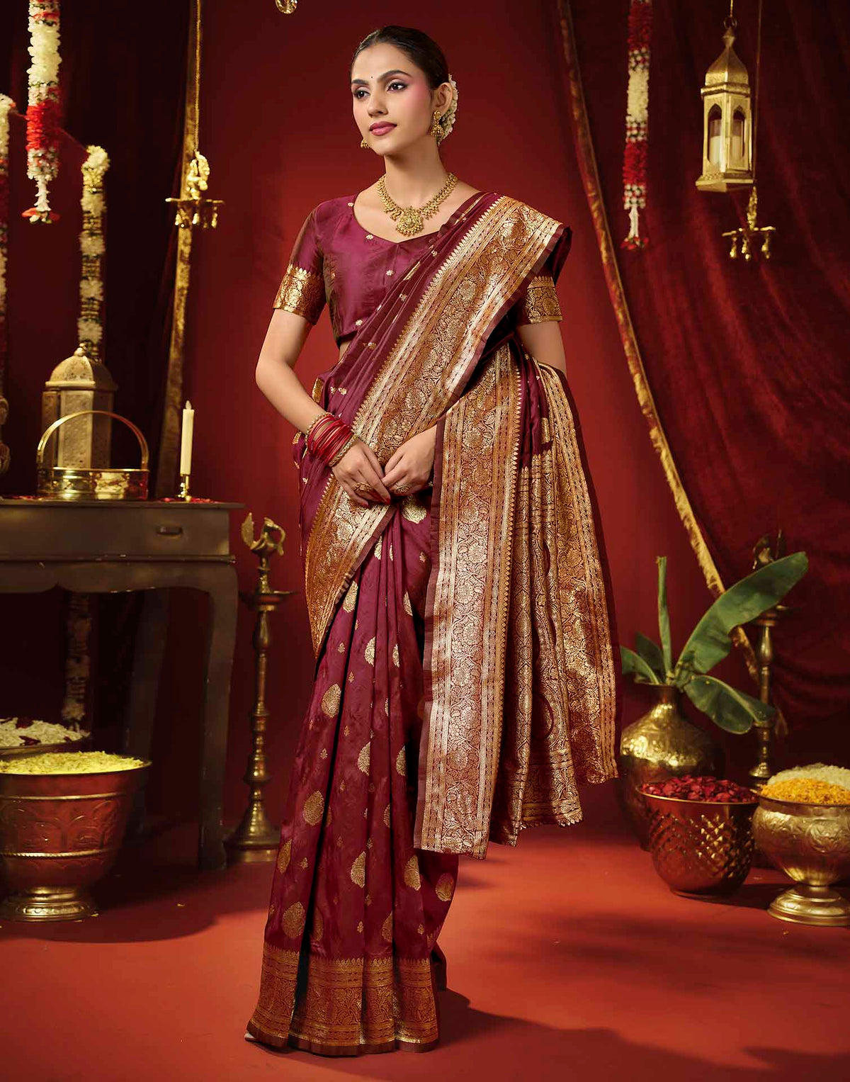 Dark Maroon Silk Woven Banarasi Saree