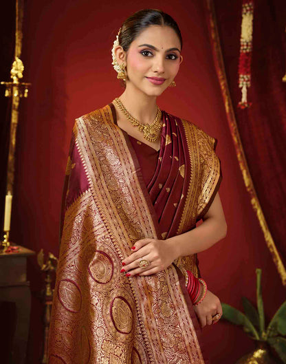 Dark Maroon Silk Woven Banarasi Saree