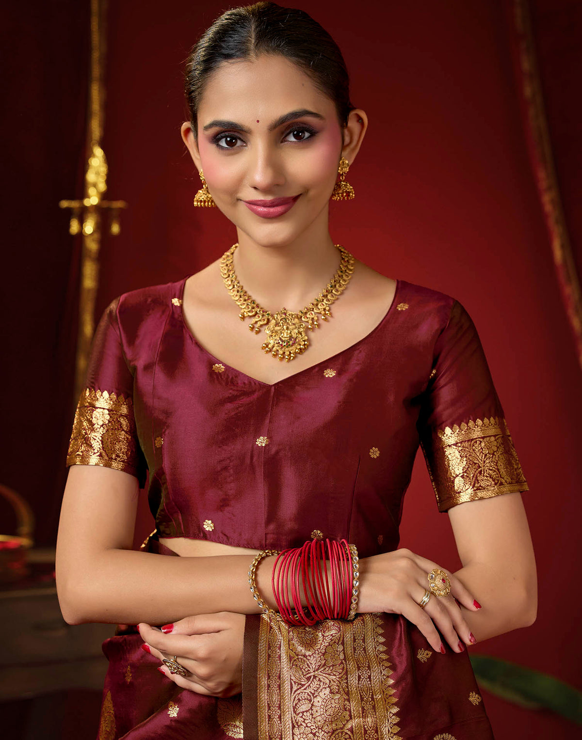 Dark Maroon Silk Woven Banarasi Saree
