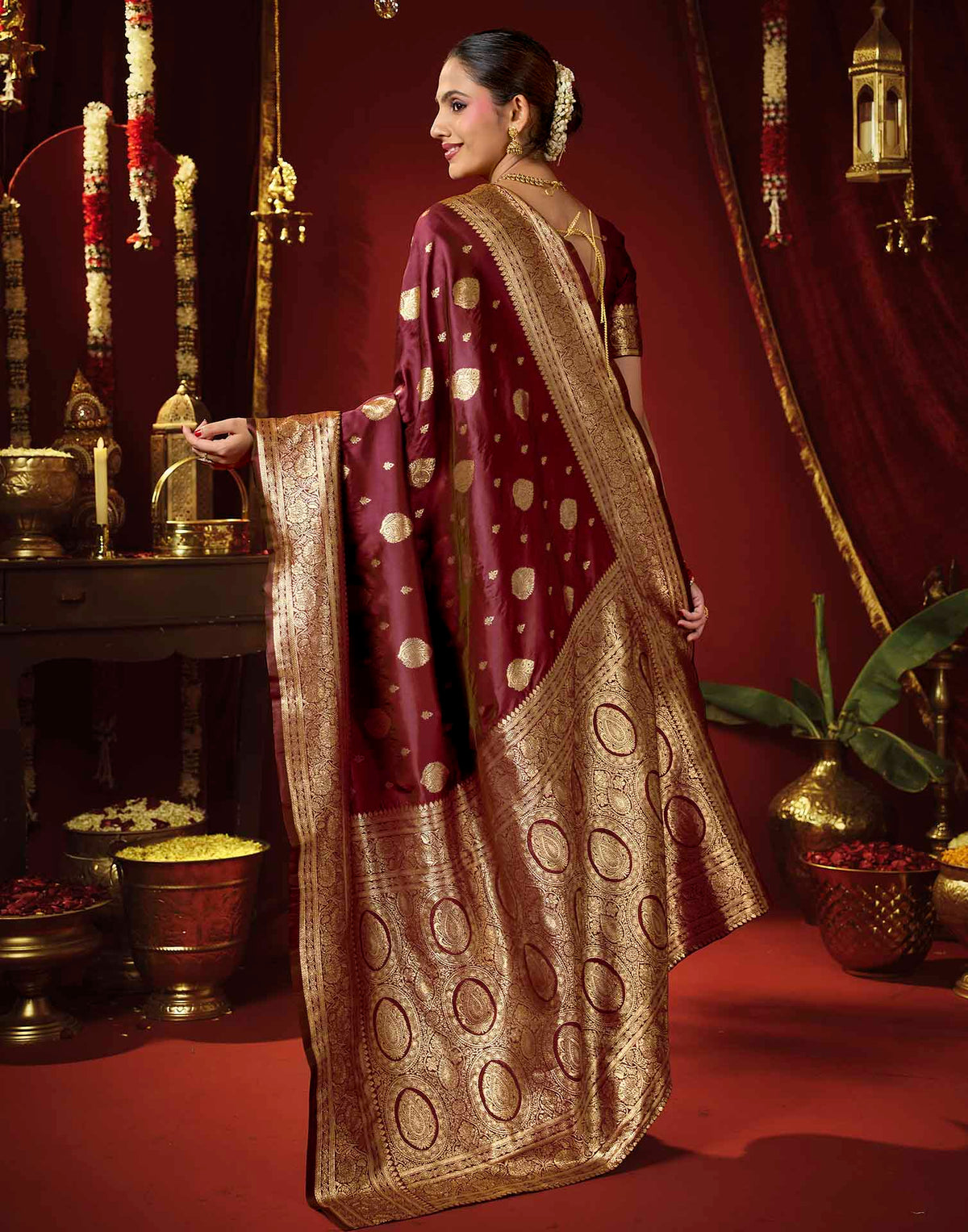 Dark Maroon Silk Woven Banarasi Saree