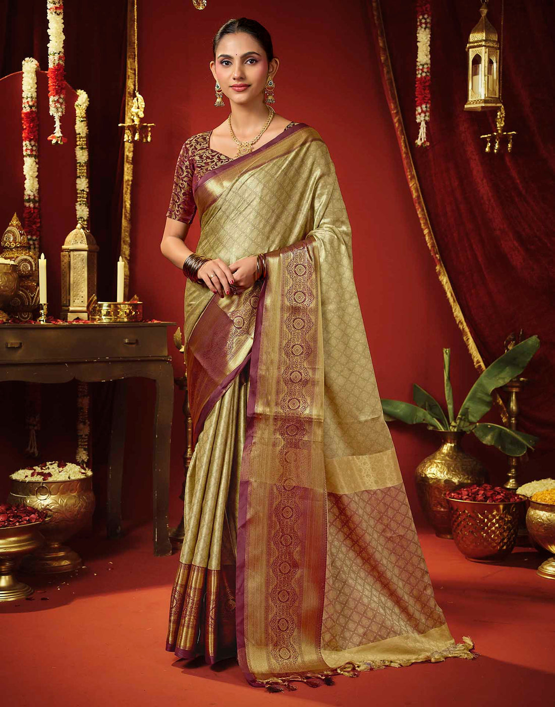 Beige Silk Woven Kanjivaram Saree