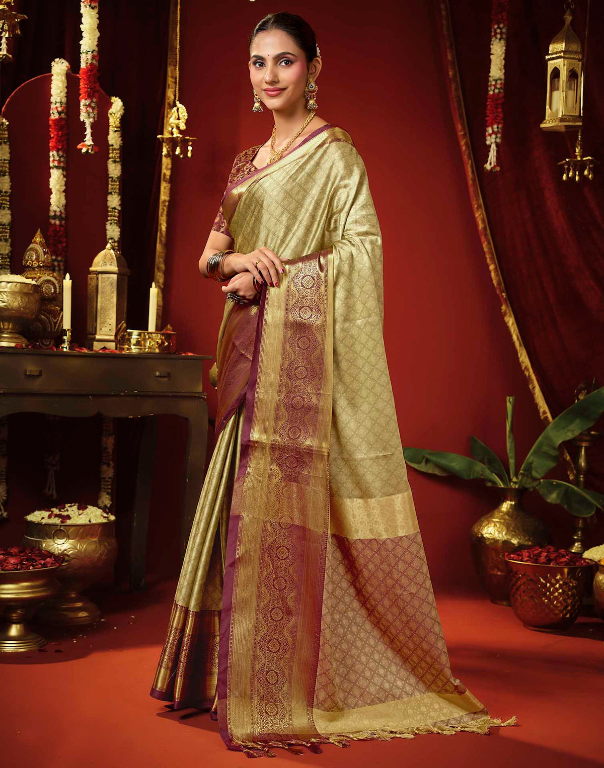 Beige Silk Woven Kanjivaram Saree