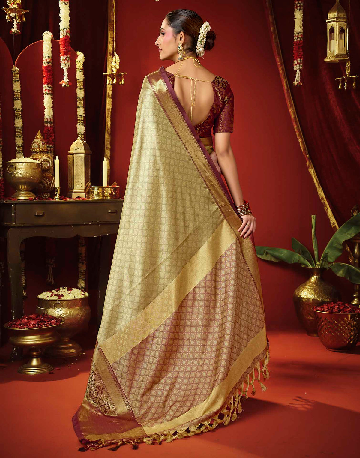 Beige Silk Woven Kanjivaram Saree
