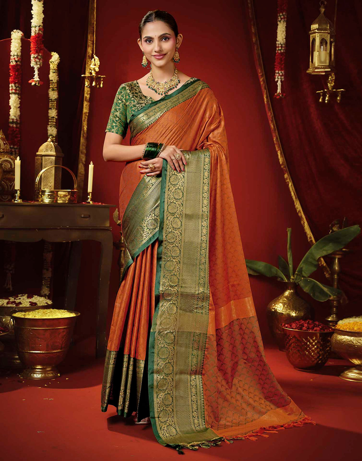 Rust Orange Silk Woven Kanjivaram Saree