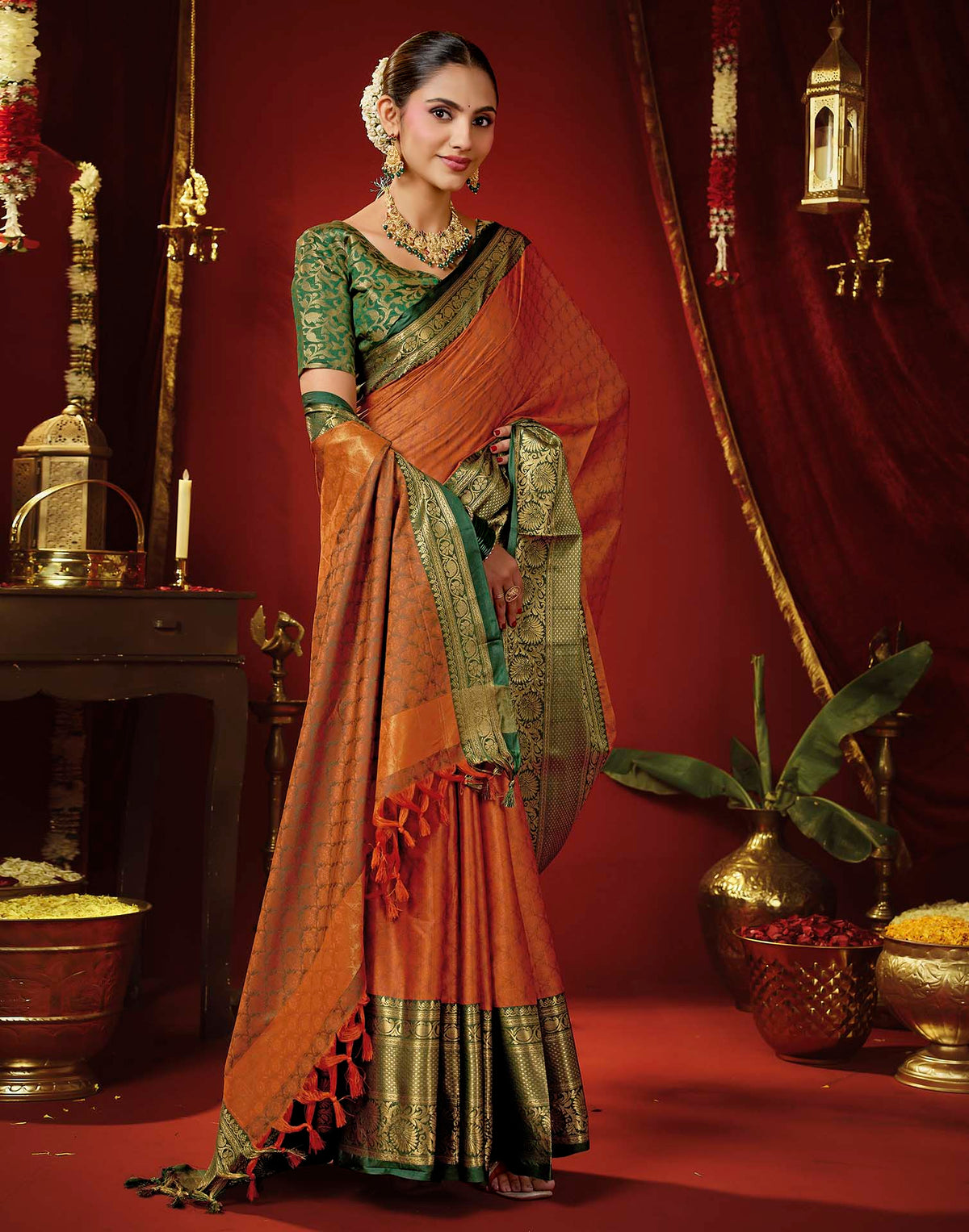 Rust Orange Silk Woven Kanjivaram Saree