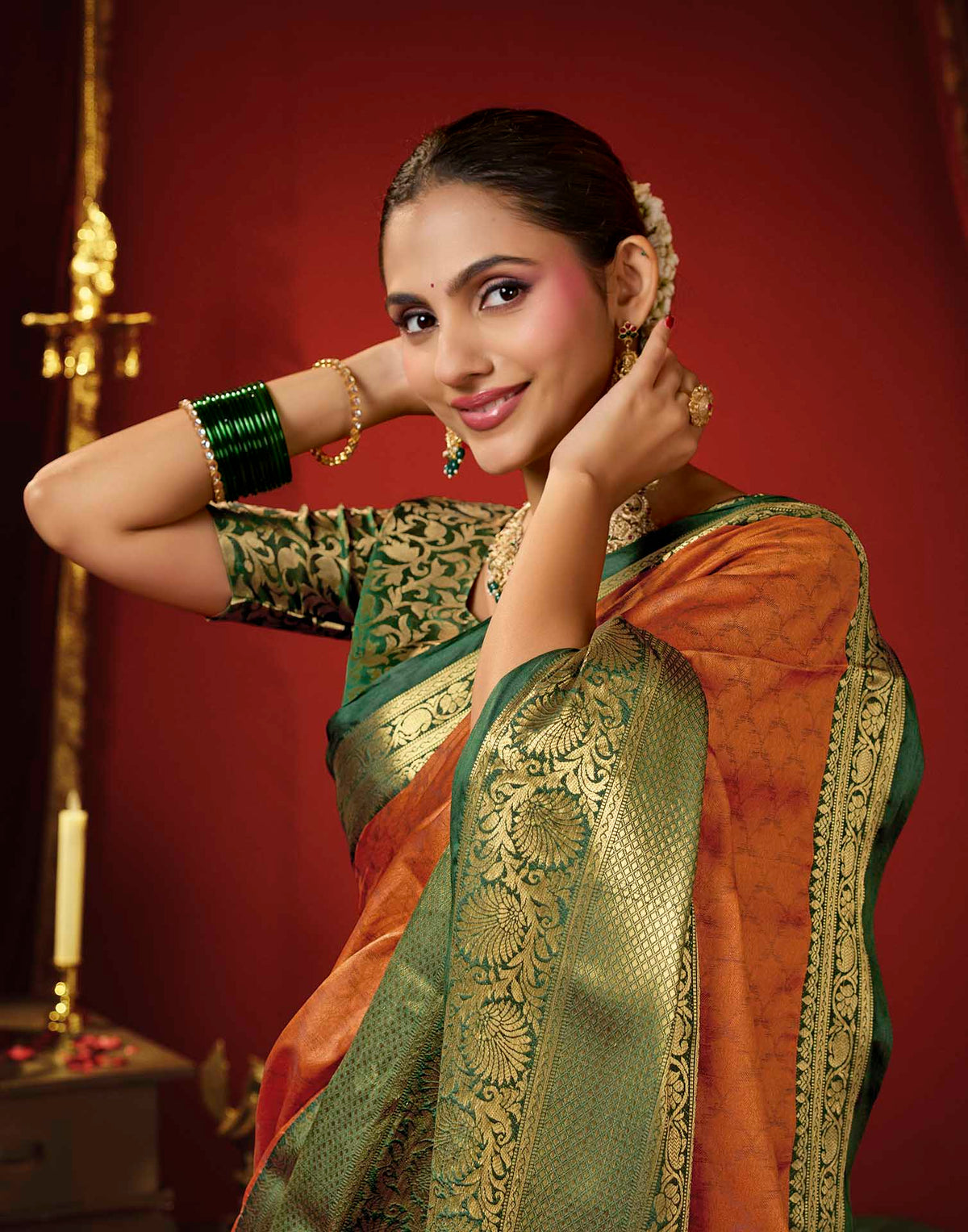 Rust Orange Silk Woven Kanjivaram Saree