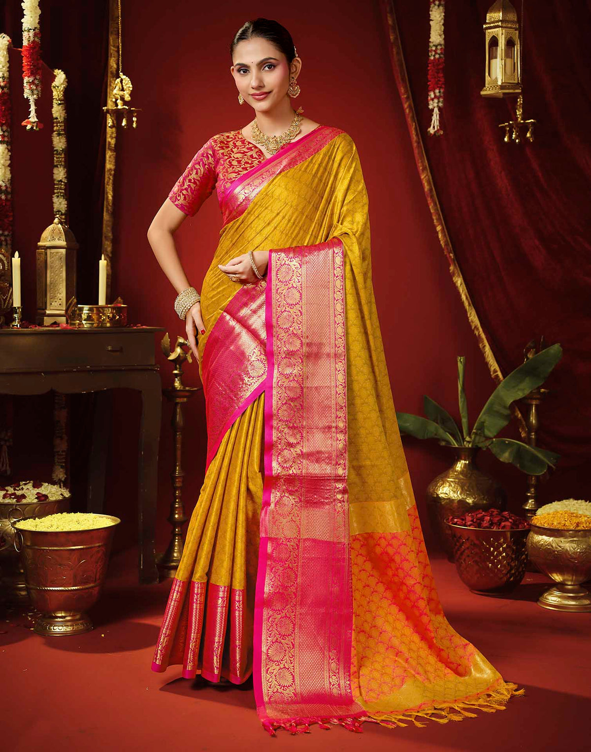 Mustard Yellow Silk Woven Kanjivaram Saree