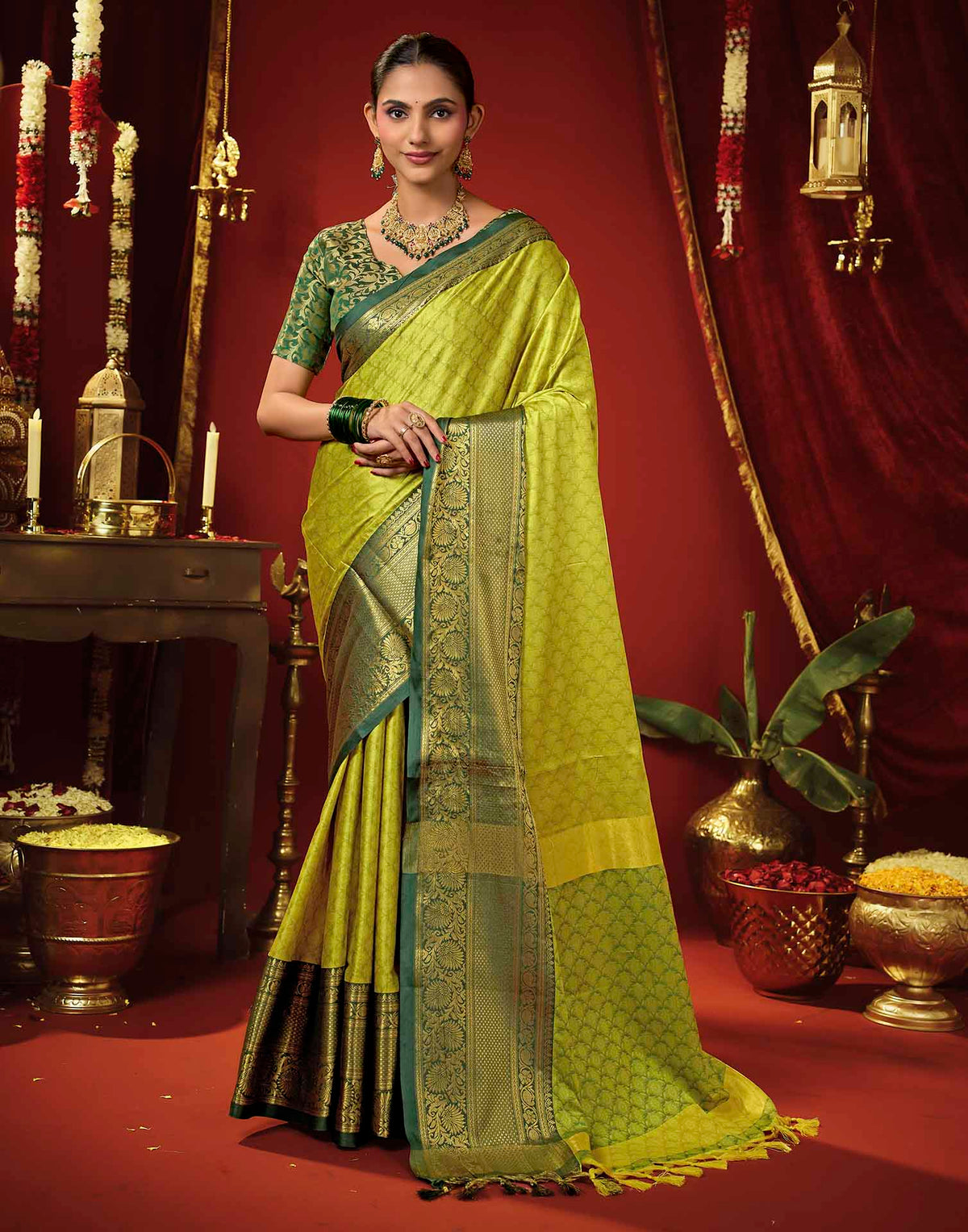 Lime Yellow Silk Woven Kanjivaram Saree