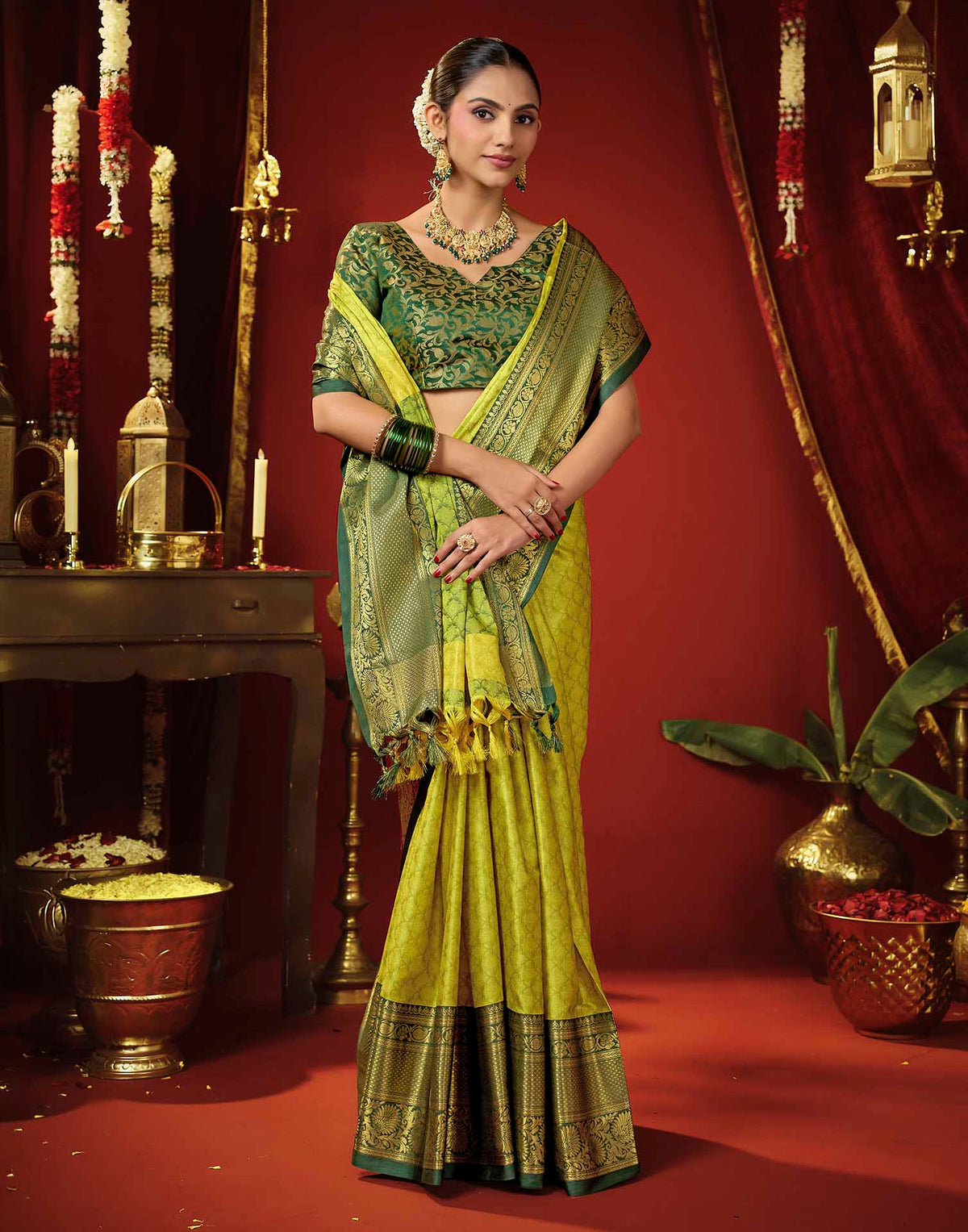 Lime Yellow Silk Woven Kanjivaram Saree