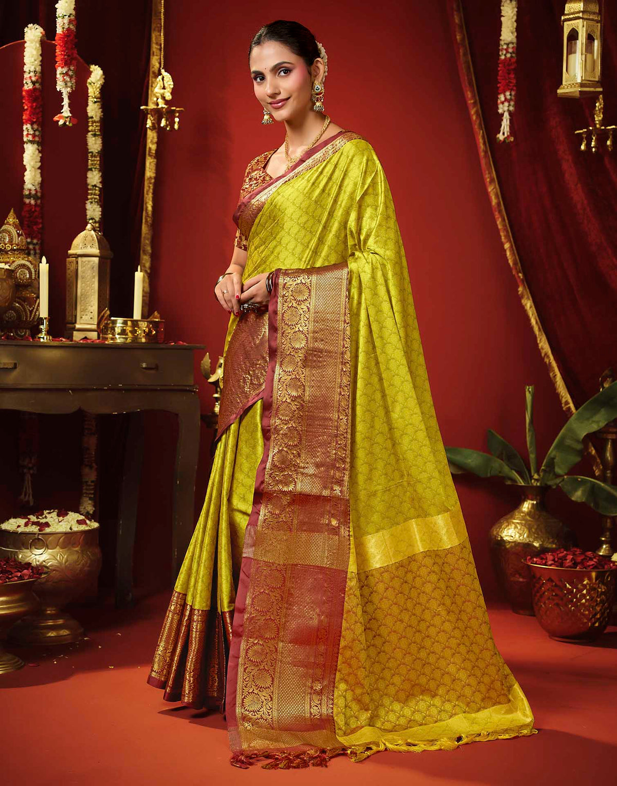 Lime Green Silk Woven Kanjivaram Saree